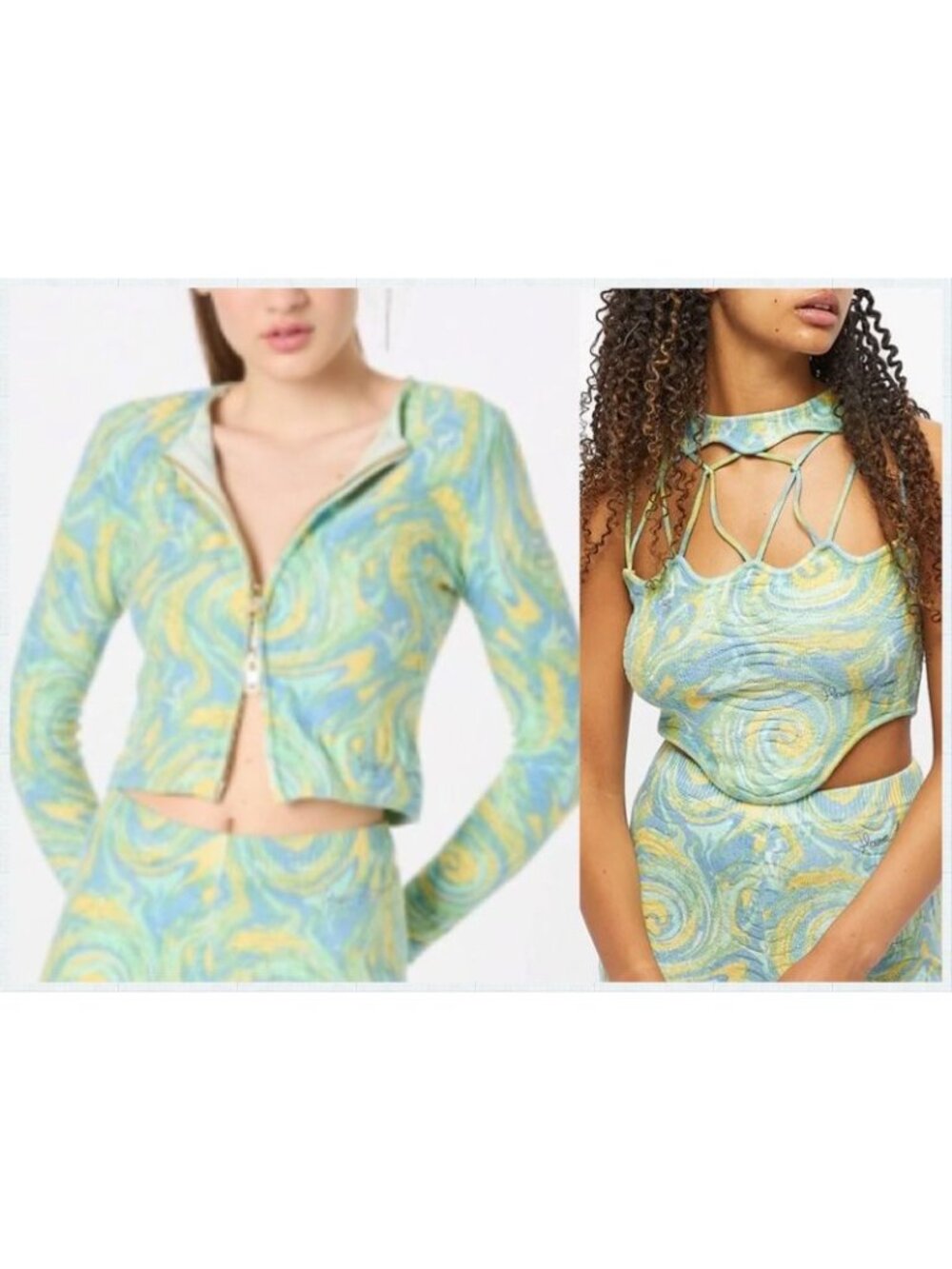 House of Sunny Peggy Cardigan & Cypress Vest Set Green Cucumber Swirl 2 Y2K